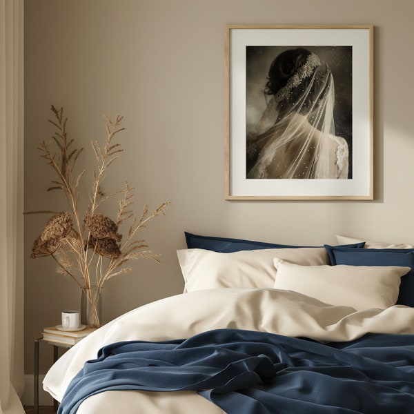 Frame Mockup, Bedroom Vertical Frame Interior Mockup, 8x10 Wall Art Mockup, Frame on Beige Walls, Deep Blue Bedding, Matted Frame Mockup