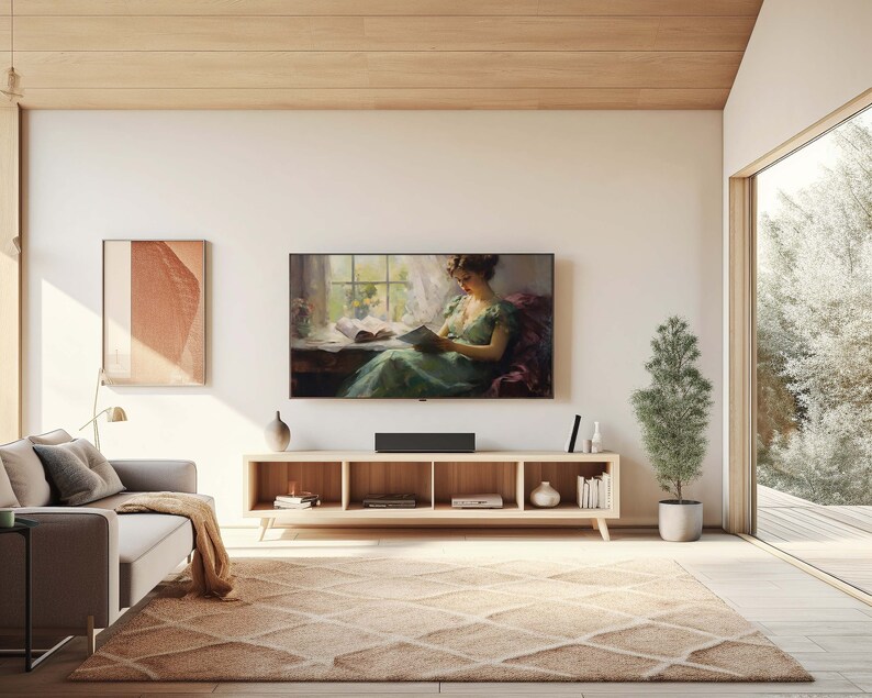 Samsung frame tv mockup in Scandinavian living room for oil painting