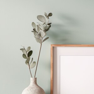 May include: A light green wall with a wooden frame picture and a vase with a sprig of eucalyptus.