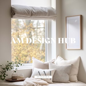 Scandinavian Frame Mockup, Wood Frame Mockup for 2x3 Aspect Ratio Wall Art by Soft White Cozy Window Seat, Vertical Poster Frame Mockup