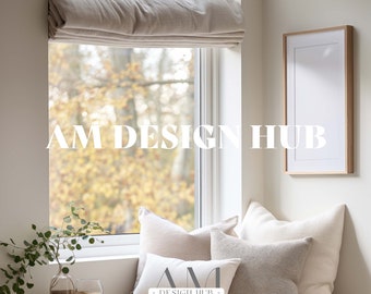 Scandinavian Frame Mockup, Wood Frame Mockup for 2x3 Aspect Ratio Wall Art by Soft White Cozy Window Seat, Vertical Poster Frame Mockup