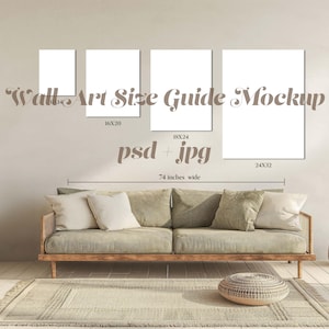Wall Art Size Guide Mockup, Vertical Print Display Guide, Frame Size Guide, Poster Mockup, PSD and JPG, Olive Green Sofa, Size Comparison