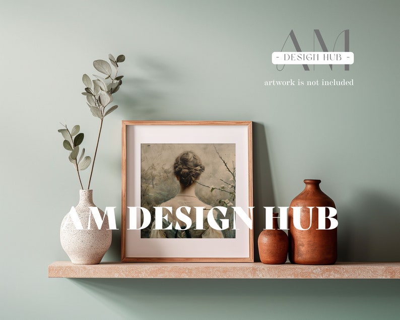 May include: A wooden frame with a picture of a woman with her back to the camera. The picture is on a shelf with two brown ceramic vases and a green plant.