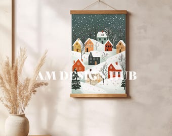 May include: A framed illustration of a snowy village with colorful houses and trees. The houses have white roofs and are decorated with red, yellow, and blue accents. The sky is dark blue with white snowflakes.