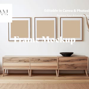Square Frame Mockup, Frame Set of 3 for Wall Art in Bohemian Interior, PSD and Canva Template
