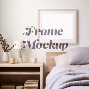 Wood Frame Mockup PSD, for Horizontal 4x5 Ratio Art, Bedroom Interior Mockup, Mockup 10x8 Art, Scandinavian, Poster Mockup, Landscape Mockup