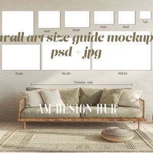 Wall Art Size Guide Mockup, Horizontal Prints Display Guide, Poster Mockup, PSD and JPG, Olive Green Sofa Living Room, Size Comparison