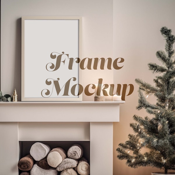 Festive Frame Mockup, Mockup for Dimension A Vertical Print, Christmas, Christmas Tree, A4 A3 A2, Fireplace Living Room Interior Mockup