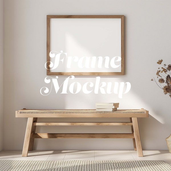 Farmhouse Wood Frame Mockup, 4:3 Ratio Poster Frame, Comfortable Minimal Interior Mockup, Horizontal 3x4 Ratio Wall Art Mockup, Timeless