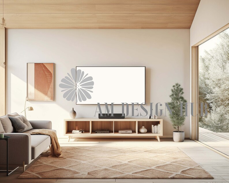 May include: A living room interior with a light wood floor, a light grey couch, a wooden TV stand with a flat screen TV, a small potted plant, and a framed picture on the wall.