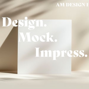 May include: A white square card with the text "Design. Mock. Impress." in bold white font on a light beige background.