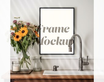 Farmhouse Frame Mockup, A4 Frame Mockup, Large Mockup A Size, Poster Mockup, Flower and Jar Decor, Farmhouse Kitchen Interior, Frame on Wall