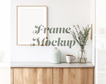 Wood Frame Mockup, A4 Poster Mockup, Mockup for Art Print A2, A3, A4, Minimal Countryside Kitchen Interior, Wooden Cabinet, Smart Object