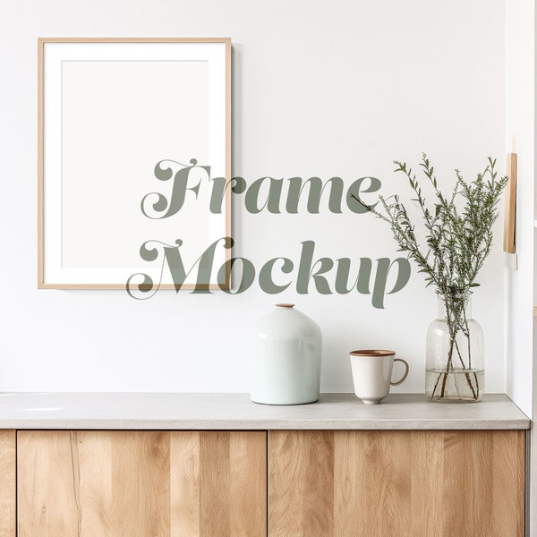 Wood Frame Mockup, A4 Poster Mockup, Mockup for Art Print A2, A3, A4, Minimal Countryside Kitchen Interior, Wooden Cabinet, Smart Object