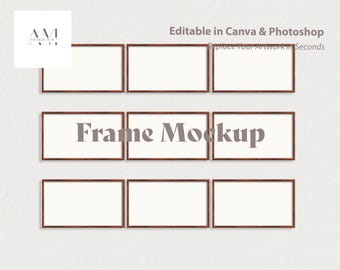 Frame TV Mockup Set of 9, 16x9 Brown Wooden Frame Set, Framed Art on White Wall, Panorama Art Display, PSD and Canva Template