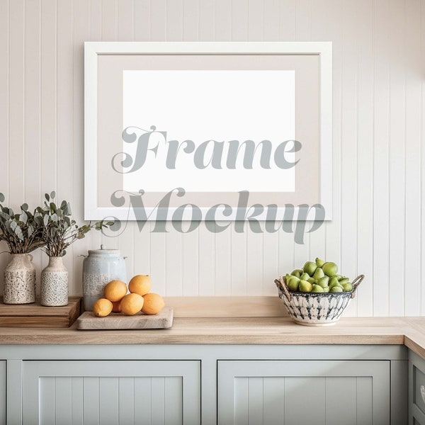 A4 White Frame Mockup Horizontal, Mockup for Kitchen Wall Art, Food Painting Frame, Coastal Blue Interior, Poster Mockup, Smart Object, PSD
