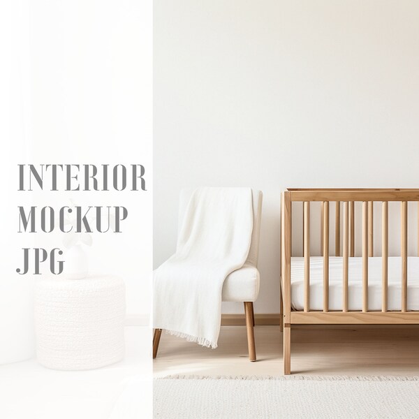 Nursery Bedroom Home Interior Mockup, Minimalist, Natural Wood Furnishings, Blank Wall Mockup, Cozy Warm Bedding, Interior Picture Download