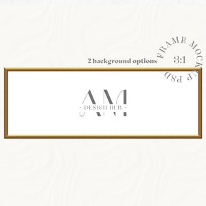 Gold Frame Mockup 3:1 Aspect Ratio, Panoramic Wall Art Frame Mockup PSD, 30x10, 24x8, 15x5, Simple Classic Gold Frame Mockup