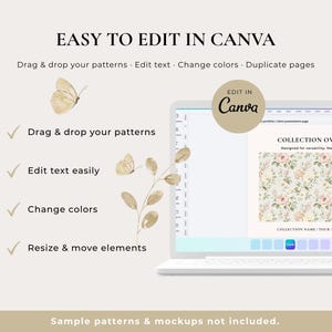 May include: A laptop screen displays a presentation template with floral patterns. Text on the screen reads "COLLECTION OVERVIEW." The image also includes the text "EASY TO EDIT IN CANVA" and instructions to drag and drop patterns, edit text, change colors, and resize elements.
