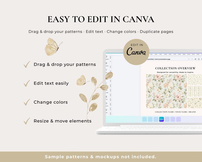 May include: A laptop screen displays a presentation template with floral patterns. Text on the screen reads "COLLECTION OVERVIEW." The image also includes the text "EASY TO EDIT IN CANVA" and instructions to drag and drop patterns, edit text, change colors, and resize elements.