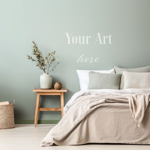 Home Interior Mockup, Pastel Green Bedroom Walls, Green Blank Wall Mockup, Minimal Bedroom Photo, JPG, Digital Download, Display Products