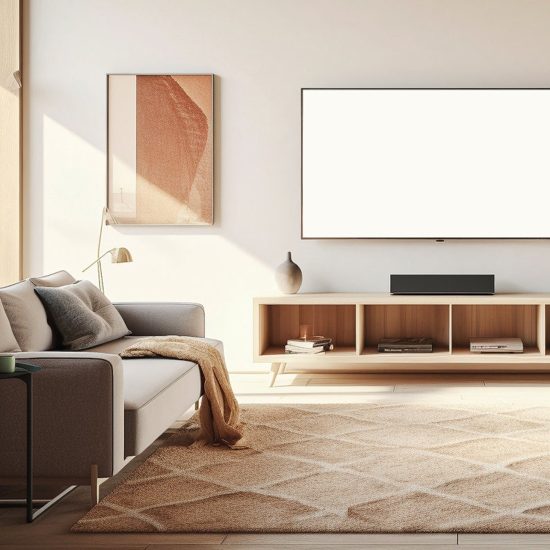 May include: A light beige living room with a gray sofa, a wooden entertainment center with a flat screen TV, and a beige rug with a geometric pattern. There is a framed print on the wall above the sofa.