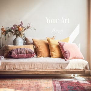 Empty White Walls, Boho Interior Mockup, Living Room Mock up, Cushions on Sofa, White Blank Wall, JPG, Mockup for Art, Product Display