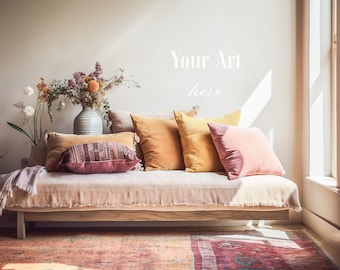 Empty White Walls, Boho Interior Mockup, Living Room Mock up, Cushions on Sofa, White Blank Wall, JPG, Mockup for Art, Product Display