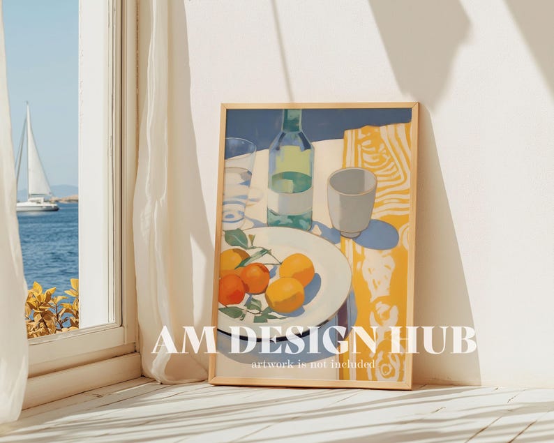 May include: A framed painting of a still life with a glass of water, a bottle of wine, a white bowl with oranges, and a white cup on a yellow and blue striped tablecloth.
