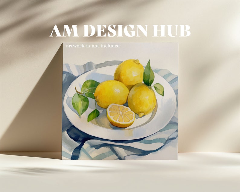 May include: A white plate with four lemons on a blue and white striped tablecloth. Three lemons are whole and one is cut in half. The lemons are yellow and the tablecloth is blue and white.