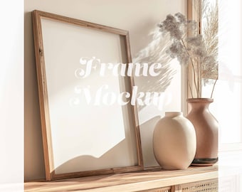 Mockup di cornice in legno rustico, mockup di arte murale verticale con rapporto 3:4