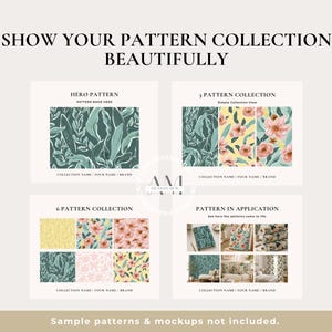 May include: An image showcasing a pattern collection with the text "SHOW YOUR PATTERN COLLECTION BEAUTIFULLY." The image displays various pattern examples, including floral and botanical designs, with the text "HERO PATTERN" and "PATTERN IN APPLICATION."