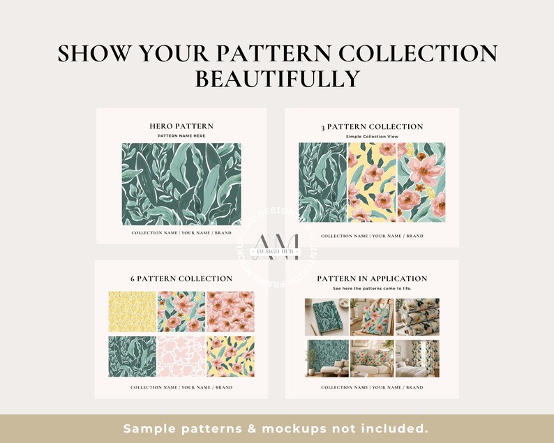 May include: An image showcasing a pattern collection with the text "SHOW YOUR PATTERN COLLECTION BEAUTIFULLY." The image displays various pattern examples, including floral and botanical designs, with the text "HERO PATTERN" and "PATTERN IN APPLICATION."