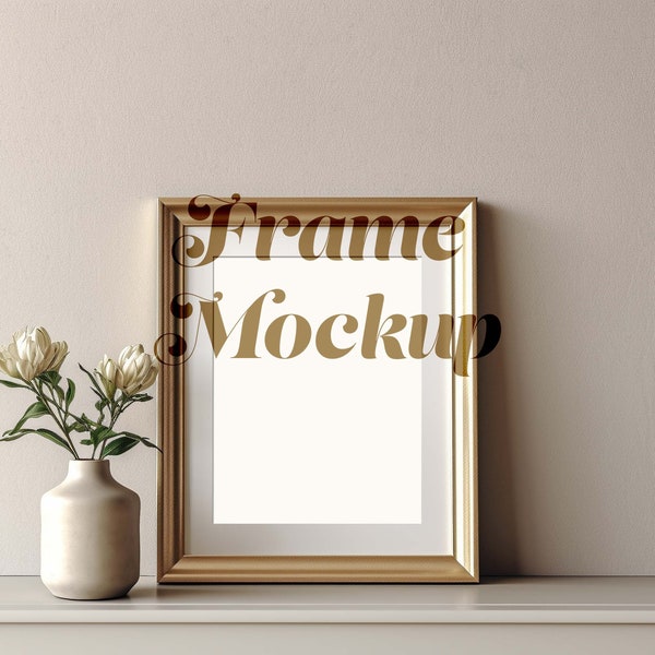 Bronze Gold Frame Mockup PSD, For 4x5 Ratio Vertical Wall Art, Vertical Antique Frame, Vintage Frame Mockup on Table, Frame Interior Mockup