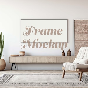 Panorama Frame Mockup, 2:1 Wood Frame Mockup, Panoramic Frame Mockup, Boho Minimalist Living Room Interior Mockup, Smart Object