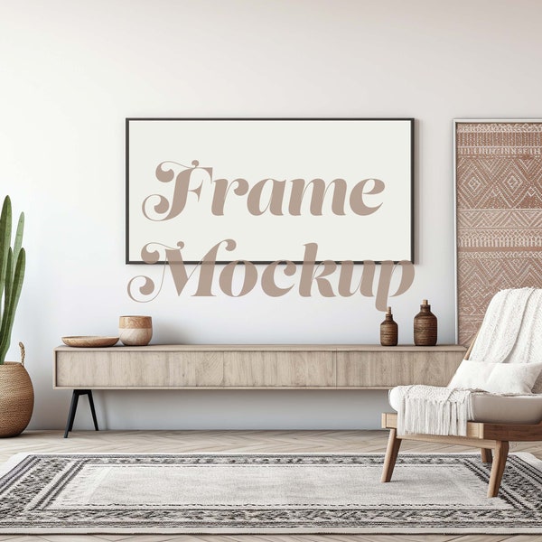 Panorama Frame Mockup, 2:1 Wood Frame Mockup, Panoramic Frame Mockup, Boho Minimalist Living Room Interior Mockup, Smart Object