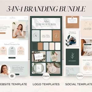 May include: A 3-in-1 branding bundle featuring website, logo, and social media templates. The design includes a website template with a woman on a laptop, logo templates, and social media templates with inspirational quotes. The color palette includes shades of green, beige, and brown.