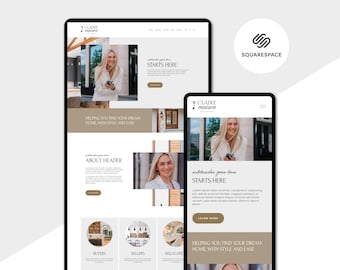 Puede incluir: Diseño de sitio web que se muestra en una tableta y un teléfono inteligente. El sitio web presenta la foto de una mujer, el texto "STARTS HERE" y la frase "HELPING YOU FIND YOUR DREAM HOME, WITH STYLE AND EASE". El logotipo de Squarespace está en la esquina superior derecha.