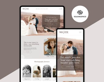 May include: A website homepage for a photography business called Mia Jane Studio. The website features a photo of a couple in a desert landscape, with the text "Sub-header goes here. Your eye catching header goes here." and a button that says "Learn More".