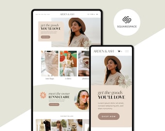 Pode incluir: Um design de site para Arden & Ash, exibido em um tablet e smartphone. O site apresenta uma mulher usando um chapéu, sacolas, camisetas e o texto "get the goods YOU'LL LOVE". O logotipo do Squarespace também é visível.