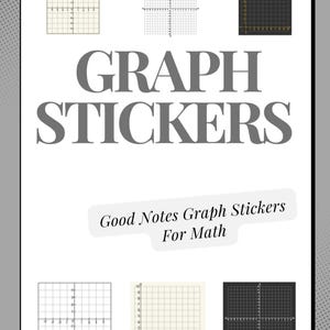 以下が含まれることがあります： スパイラルバインディングと「GRAPH STICKERS」というテキストが大きく太字でグレーで書かれたノート。テキストの下には、「Good Notes Graph Stickers For Math」というテキストが書かれた小さな白い長方形があります。ノートの前面には、白黒2枚、黒1枚、白1枚の4枚のグラフ用紙のステッカーが貼られています。