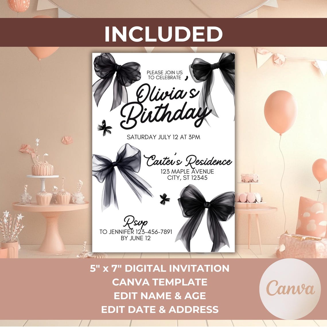 Black Bow Birthday Invitation Customizable Birthday Party Invite