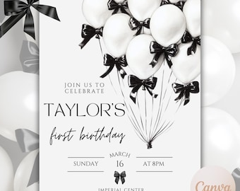 Bow Black and White Birthday Invitation - Customizable Birthday Party Invite *DIGITAL* Canva Template | Bows | Balloons | Black White
