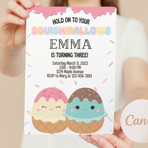 May include: A colourful birthday invitation with a pink, white and blue ice cream cone design. The text reads "Hold on to your Squishmallows Emma is turning three! Saturday March 11, 2023 2:00 - 4:00 PM 1234 Maple Avenue RSVP to Mary at 123-456-7891".