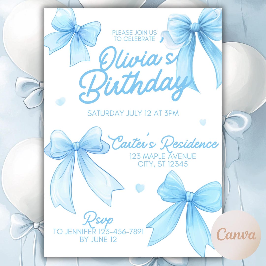 Bow Blue Birthday Invitation - Customizable Birthday Party Invite ...