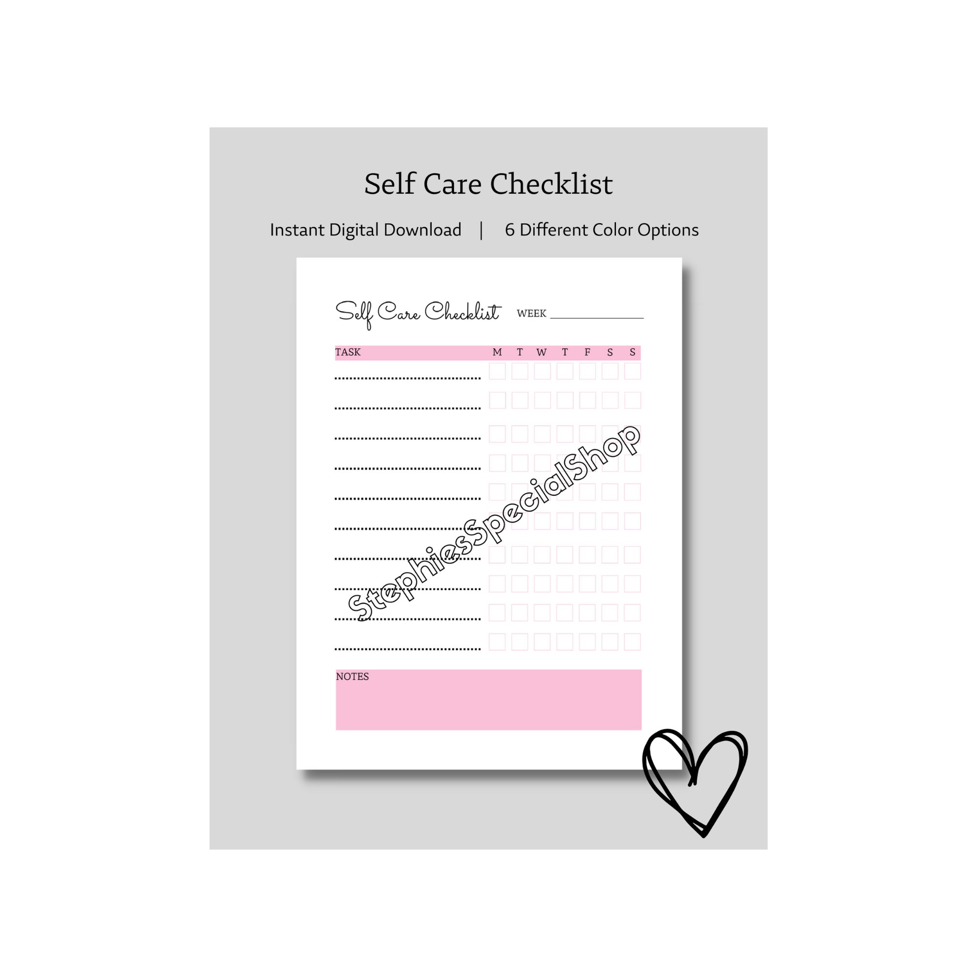Self Care Checklist Printable Checklist Wellness Planner Etsy