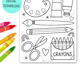 May include: Black and white line art illustration of art supplies, including a palette with hearts, paint tubes, a paintbrush, pencil, scissors, and a crayon box. Text reads "DIGITAL DOWNLOAD" and "PERFECT FOR ART PARTIES!" Crayons are in the foreground.
