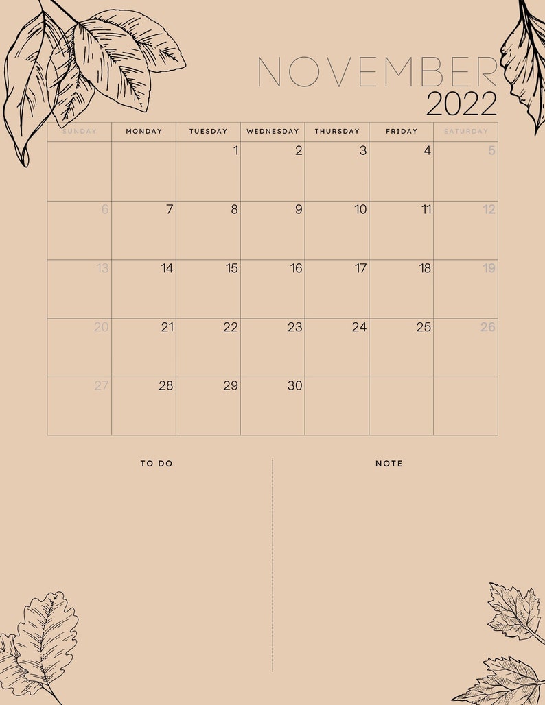 November 2022 Calendar Printable November Calendar Digital Etsy