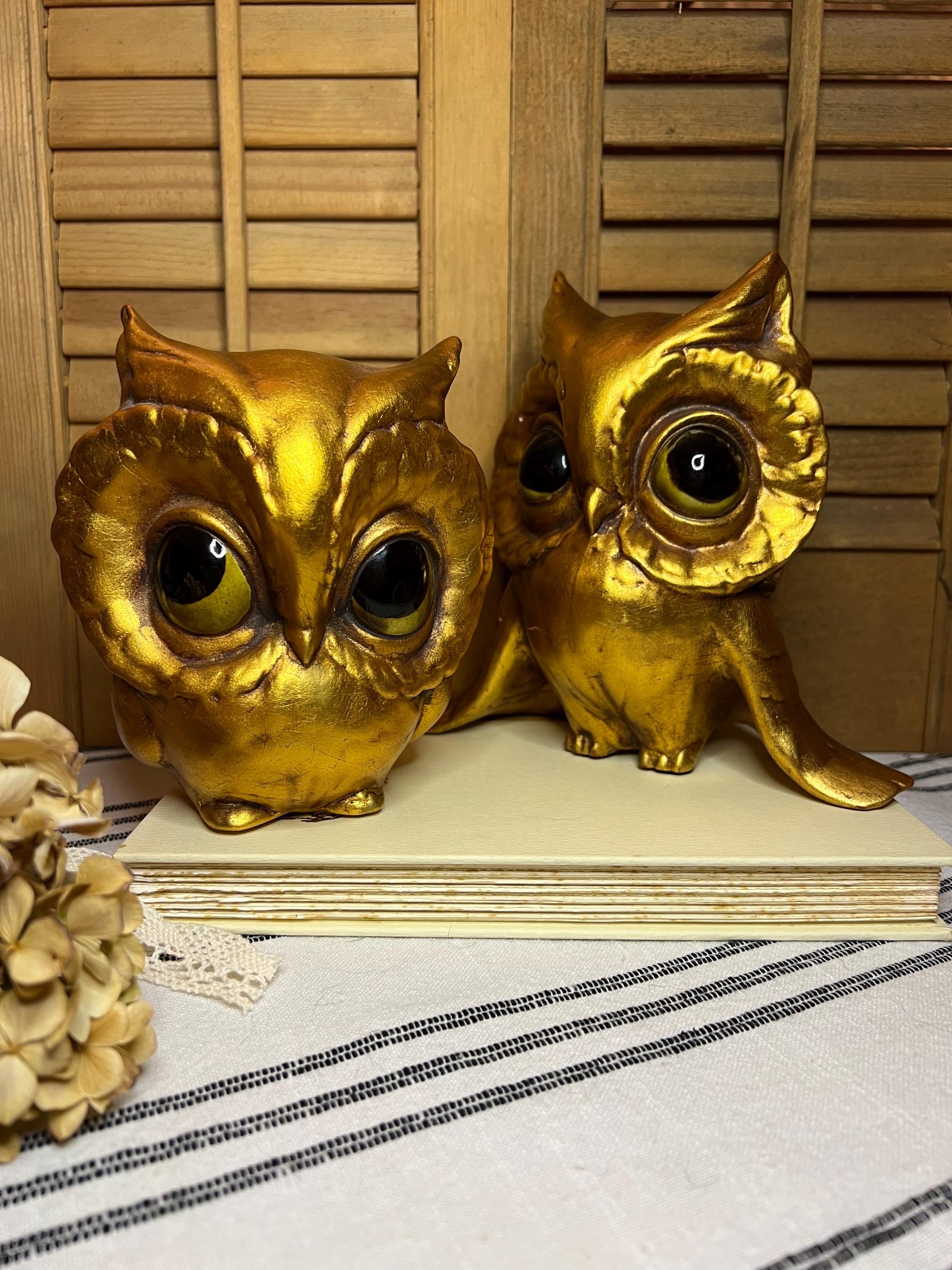 gold gilt MCM Chalkware owl pair 1960s 1970s