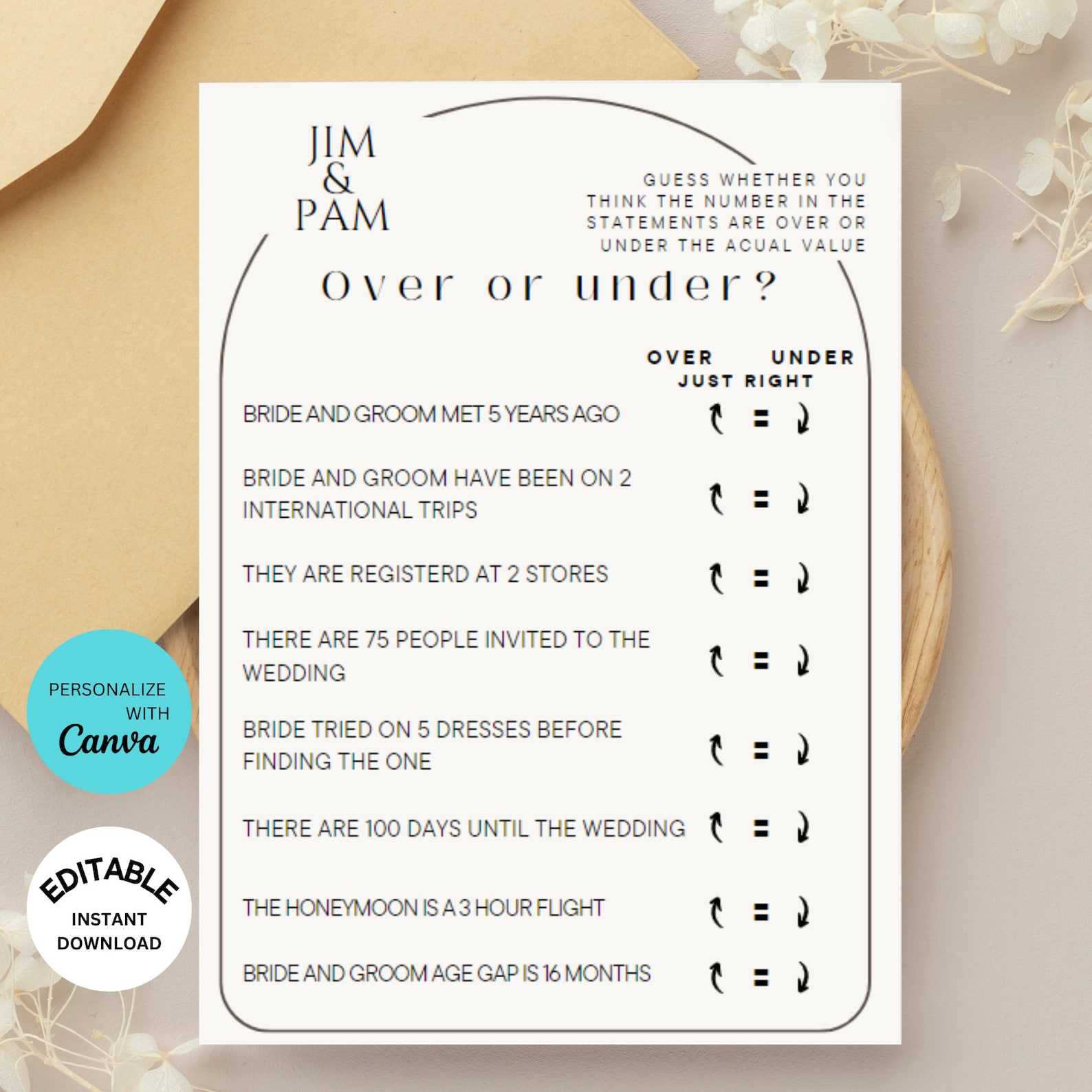 Over or Under Bridal Shower Game Digital Download, Canva Template ...